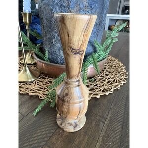 Small Natural Olive Wood Hand Crafted Turned Bud Vase Flower Boho MCM Minimalist